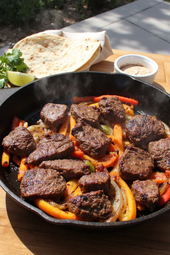 outdoor griddle sizzling fajitas