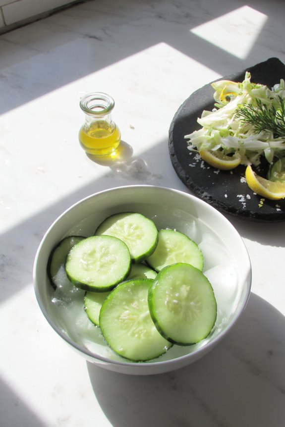 translucent paper thin cucumber medallions